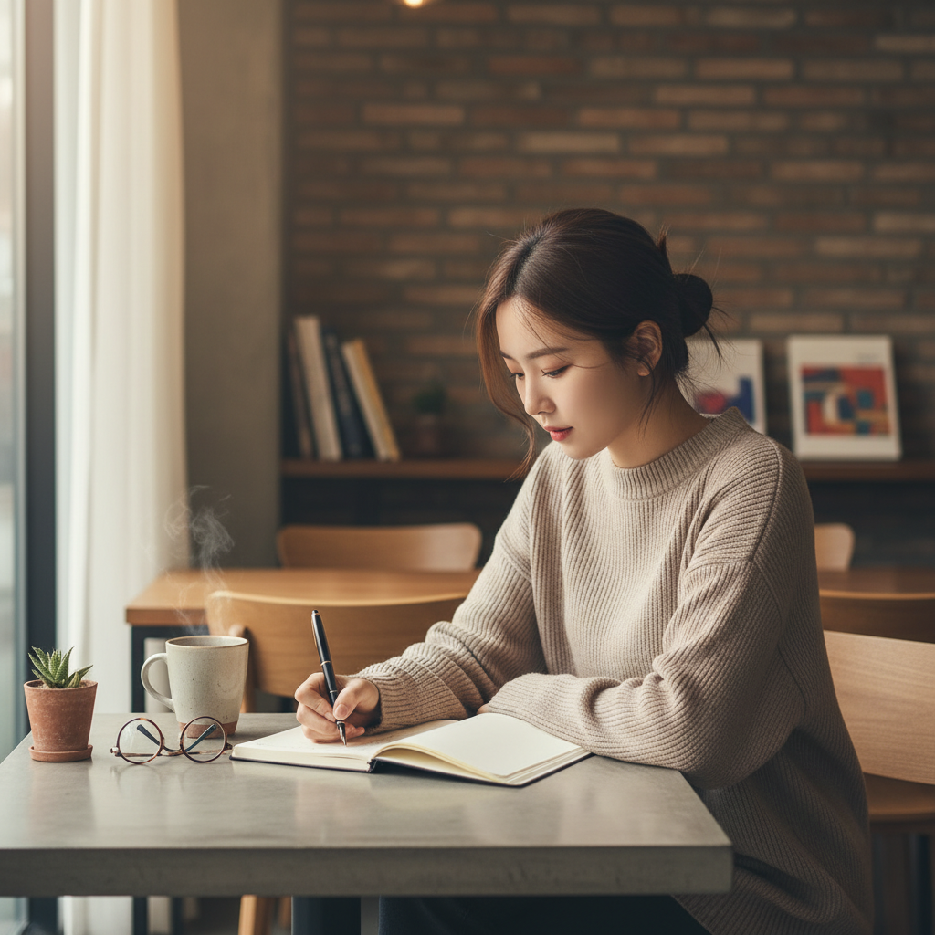 조용한 공간에서 노트에 감정을 기록하는 20대 한국인의 모습
