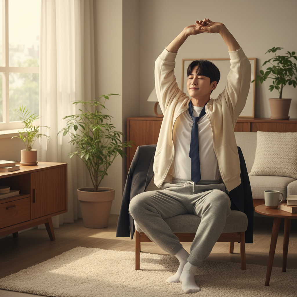 퇴근 후 집에서 편안한 옷으로 갈아입으며 긴장을 푸는 20대 한국인의 모습