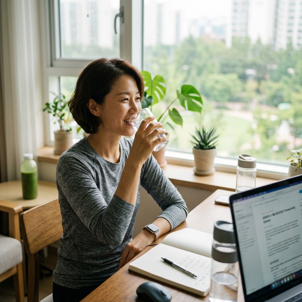 40대 여성이 책상에 앉아 물을 마시는 자연스러운 일상 장면