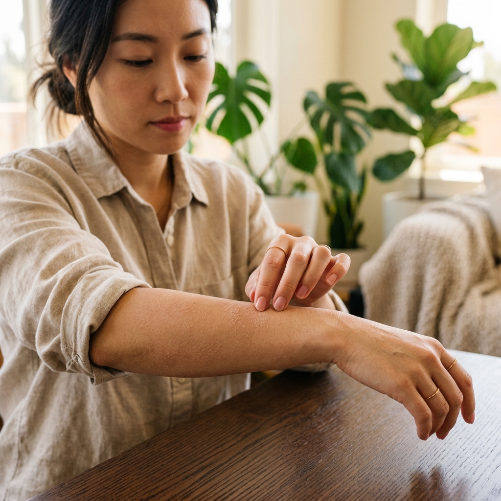 건조한 피부를 확인하는 여성의 손 클로즈업