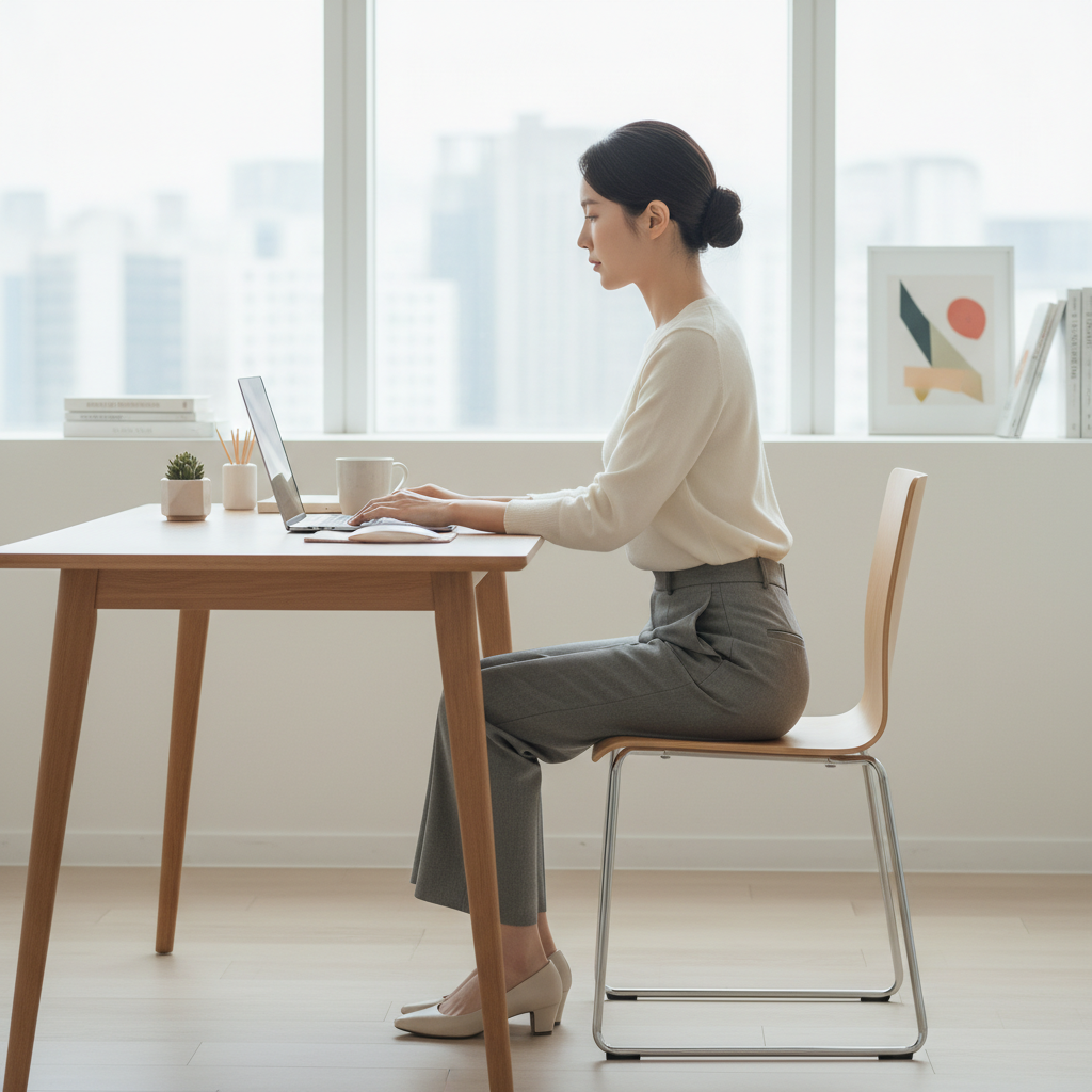 책상 앞에서 바른 자세로 앉아 있는 한국인 여성의 측면 모습