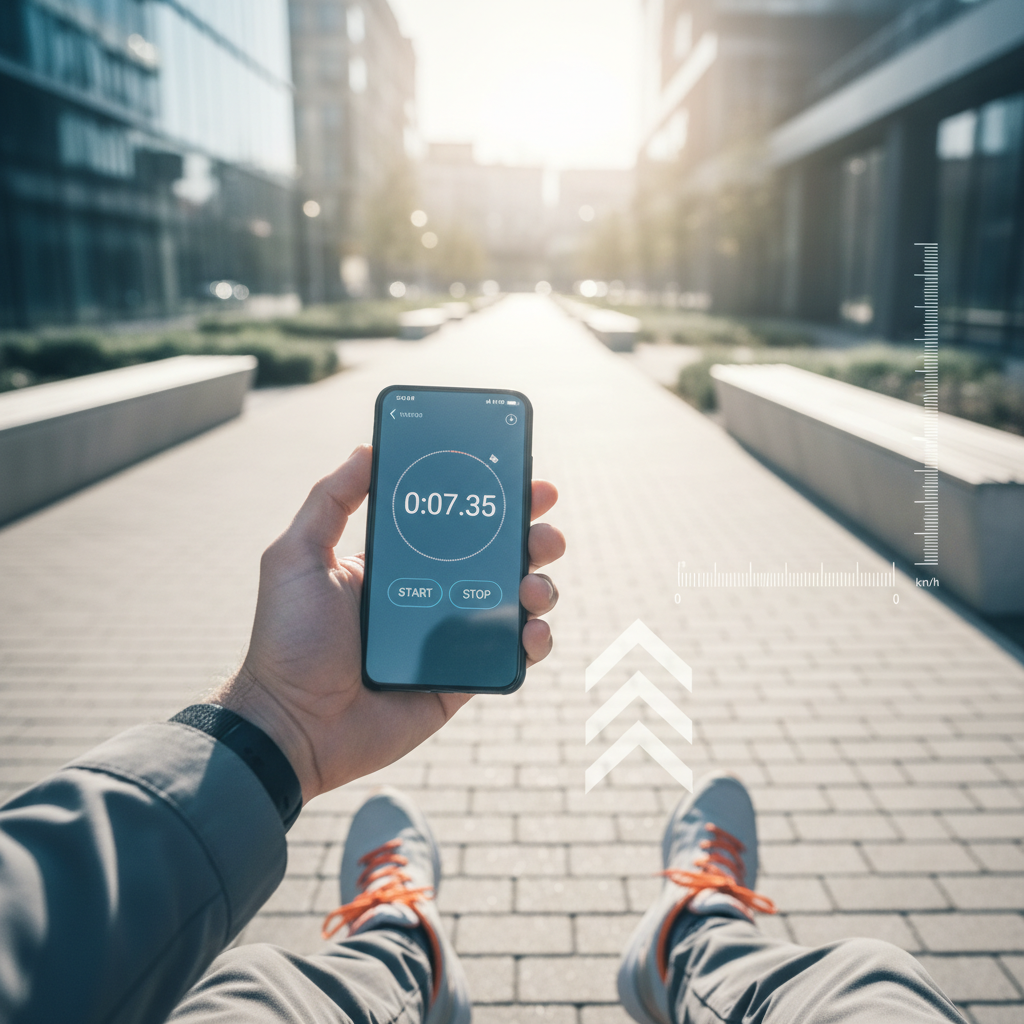 스마트폰 타이머를 들고 보행 속도를 측정하는 장면