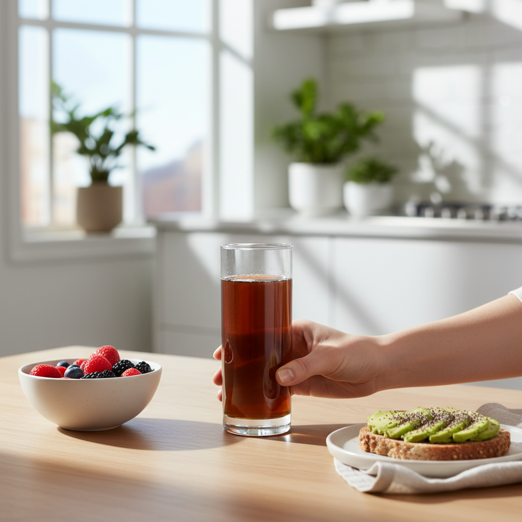 아침 식탁에서 푸룬주스 한 잔을 마시는 장면