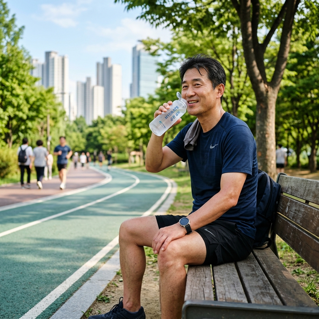 운동 후 물병을 들고 휴식을 취하는 한국인 중년 남성의 자연스러운 모습