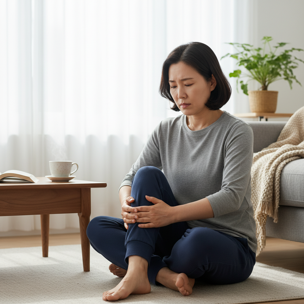 무릎 관절을 감싸며 통증을 느끼는 중장년 한국인의 일상 모습
