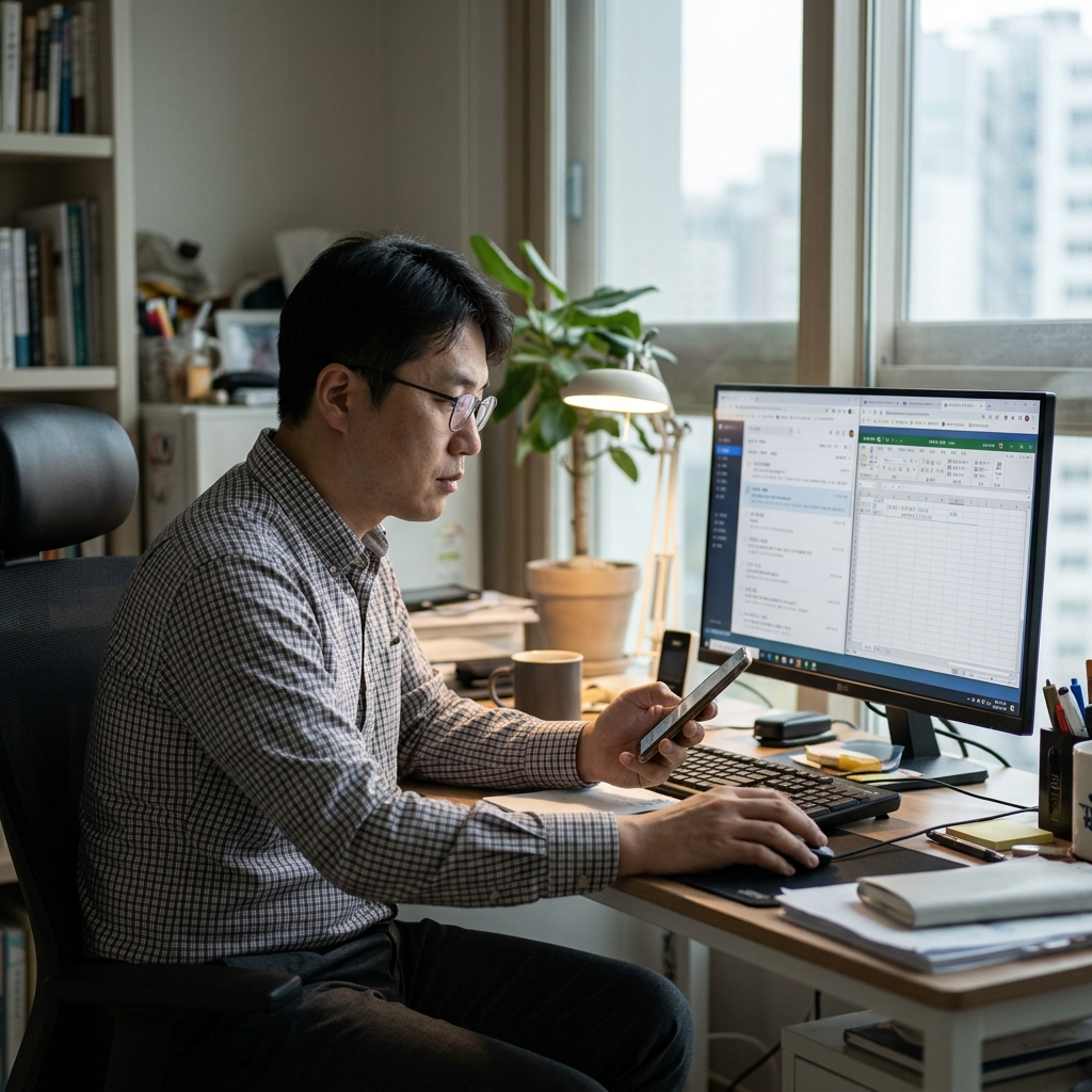 스마트폰과 컴퓨터 화면을 바라보는 30~40대 직장인의 모습