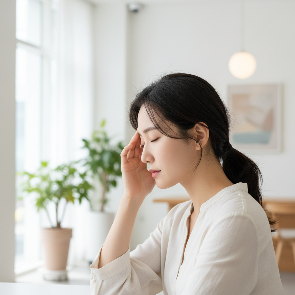 한쪽 머리를 짚으며 눈을 감고 있는 30대 한국인 여성의 측면, 밝은 실내 배경