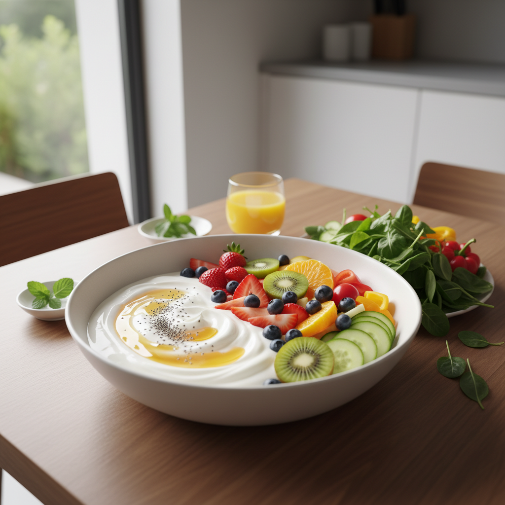 신선한 요거트와 채소, 과일이 담긴 그릇을 식탁 위에 놓고 밝은 자연광 아래에서 촬영한 모습