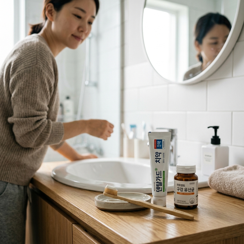 칫솔과 치약, 구강 유산균이 함께 놓인 세면대