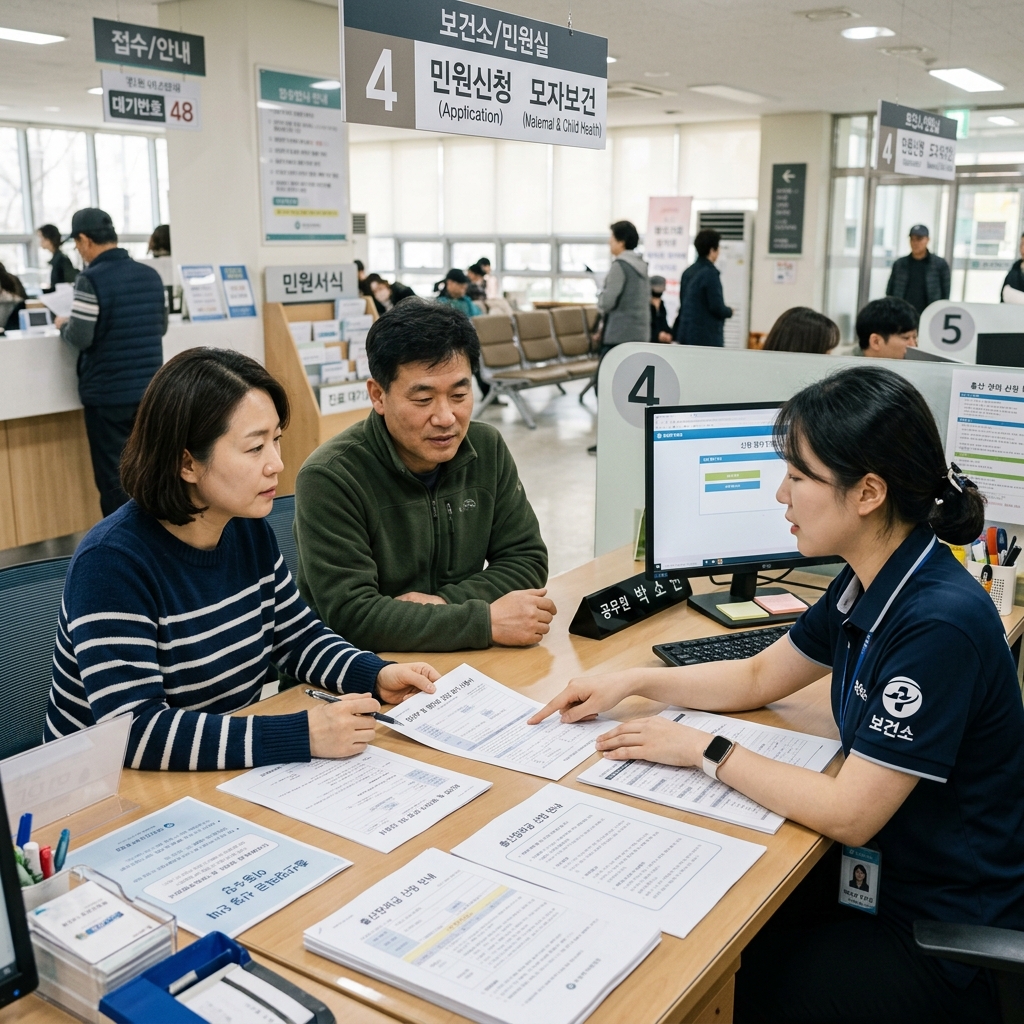 보건소 창구에서 서류를 확인하며 신청 절차를 안내받는 한국인 부모의 모습