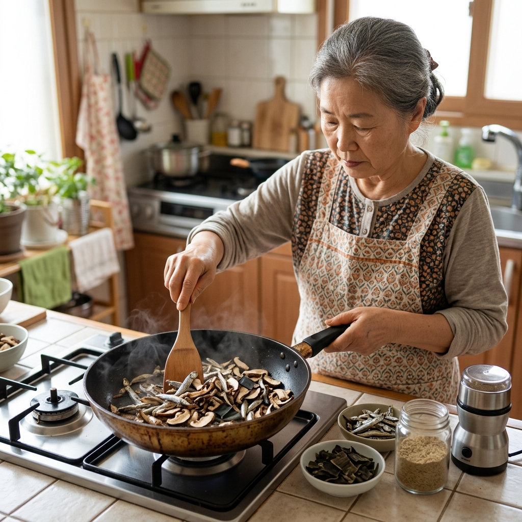 멸치와 표고버섯, 다시마를 팬에 볶아 천연 조미료를 만드는 한국인 시니어의 주방 모습