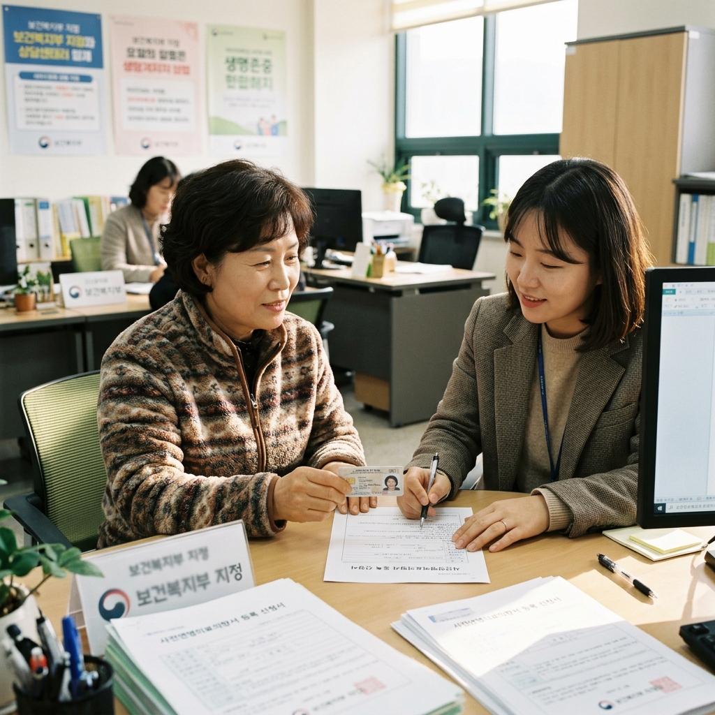 보건복지부 지정 등록기관 상담실에서 신분증을 제시하며 사전연명의료의향서 등록 상담을 받는 한국인 중장년층의 모습