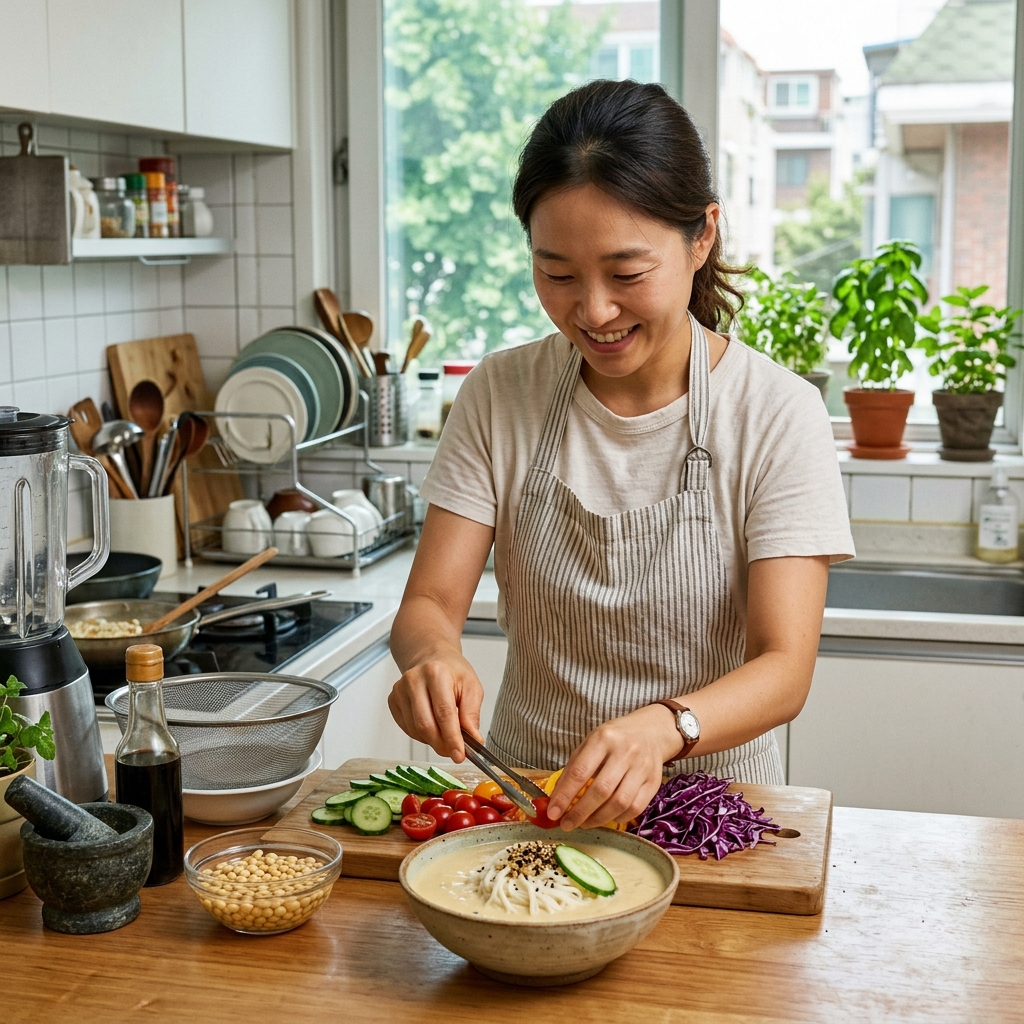 콩국수와 제철 채소가 담긴 여름 비건 식단을 준비하는 한국인의 모습