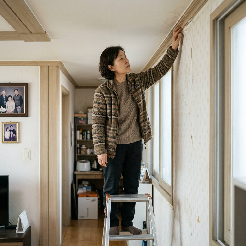 천장 모서리와 벽지 이음새 확인하는 중장년 여성의 모습