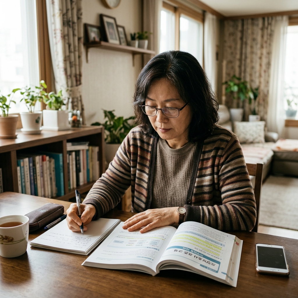 중장년 한국인이 요양보호사 교재를 펼쳐놓고 자격증 취득을 준비하는 모습