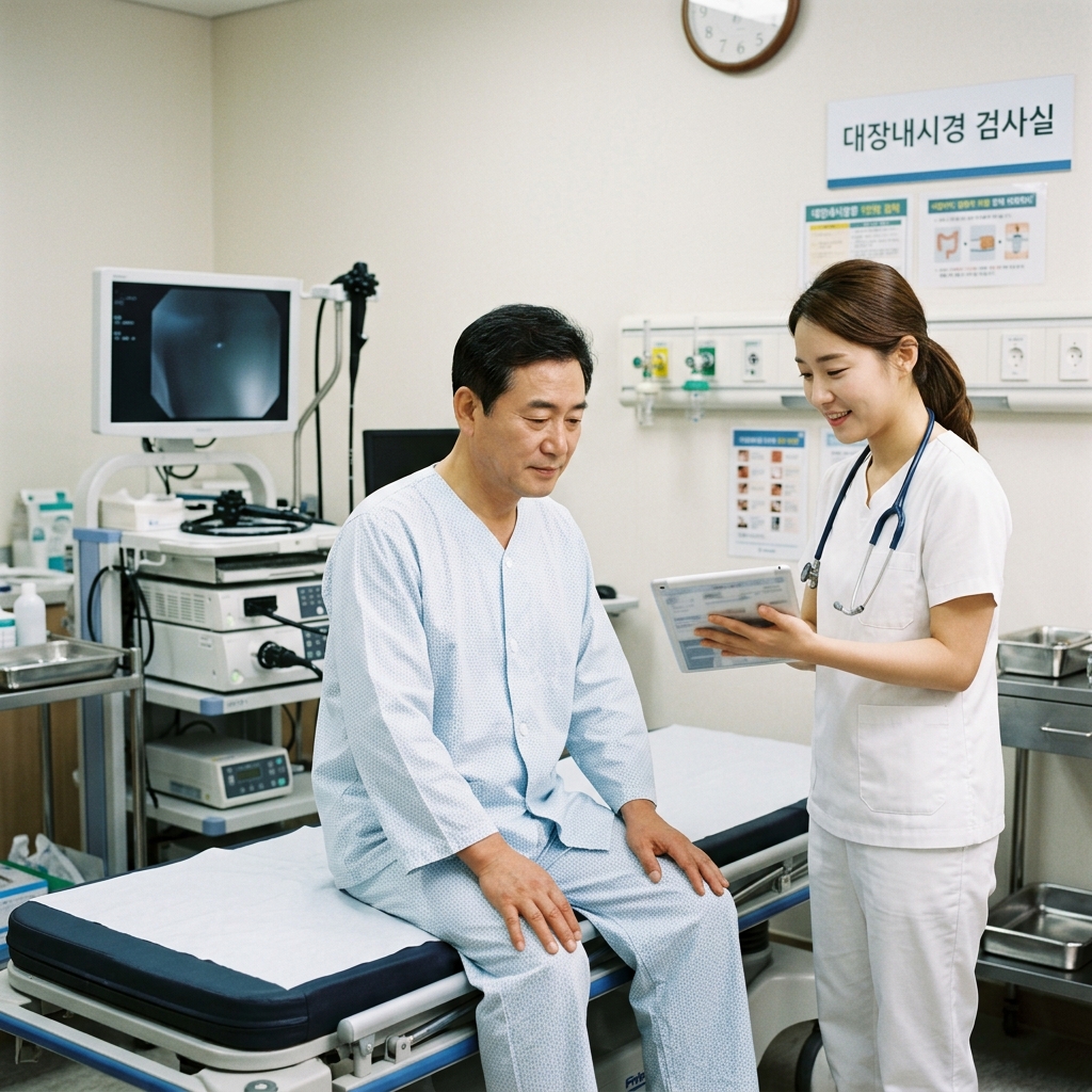 병원 검진실에서 대장내시경 검사를 준비하는 중장년 한국인의 모습