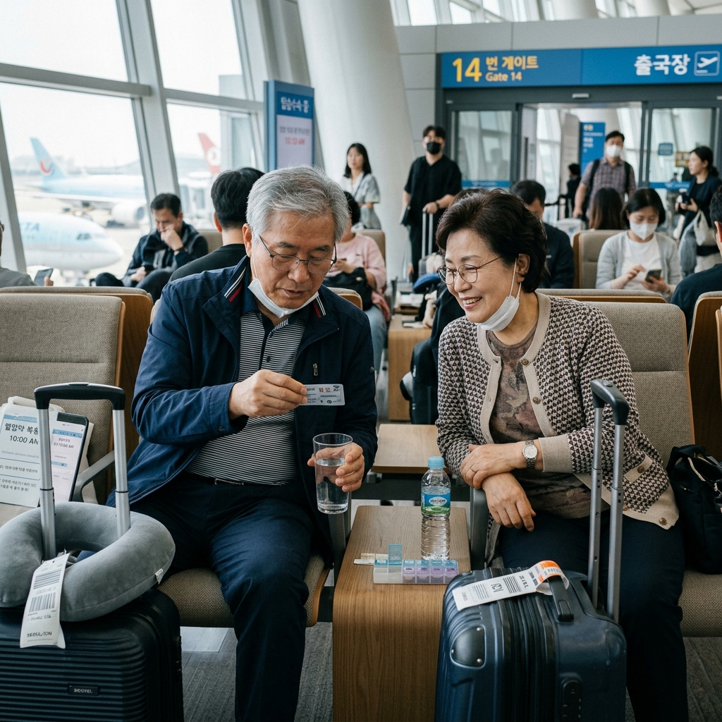 공항 대기실에서 혈압약을 확인하며 준비하는 70대 한국인 부부의 모습