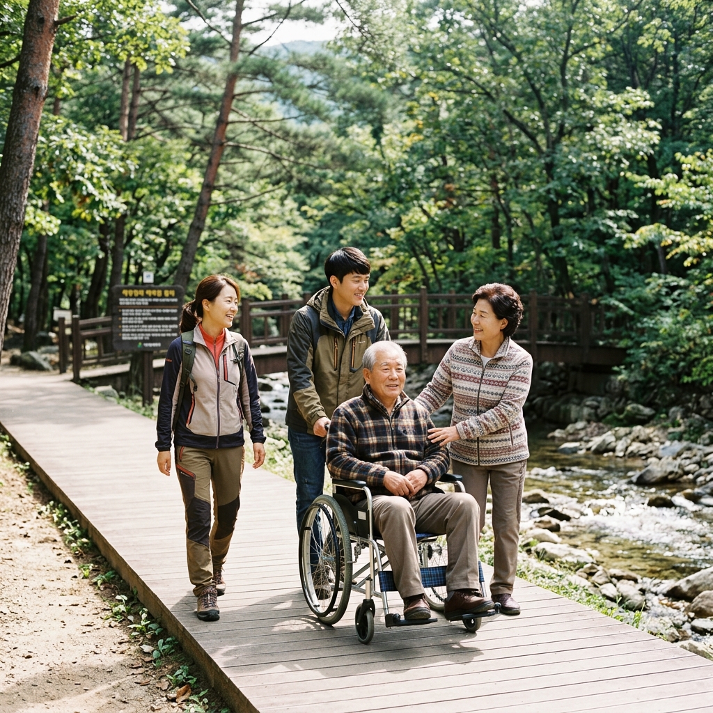 계곡과 숲길이 어우러진 자연휴양림에서 휠체어를 이용해 산책하는 노년층 한국인 가족의 모습