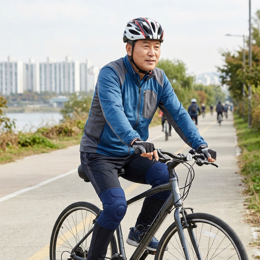 전립선 보호 안장과 무릎 보호대를 착용하고 자전거를 타는 중년 한국인 남성의 모습