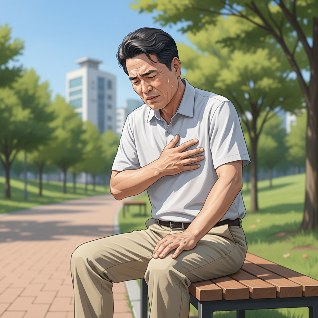 여름 햇볕이 강한 날 야외 벤치에 앉아 가슴을 짚으며 불편함을 느끼는 70대 한국인 남성의 모습