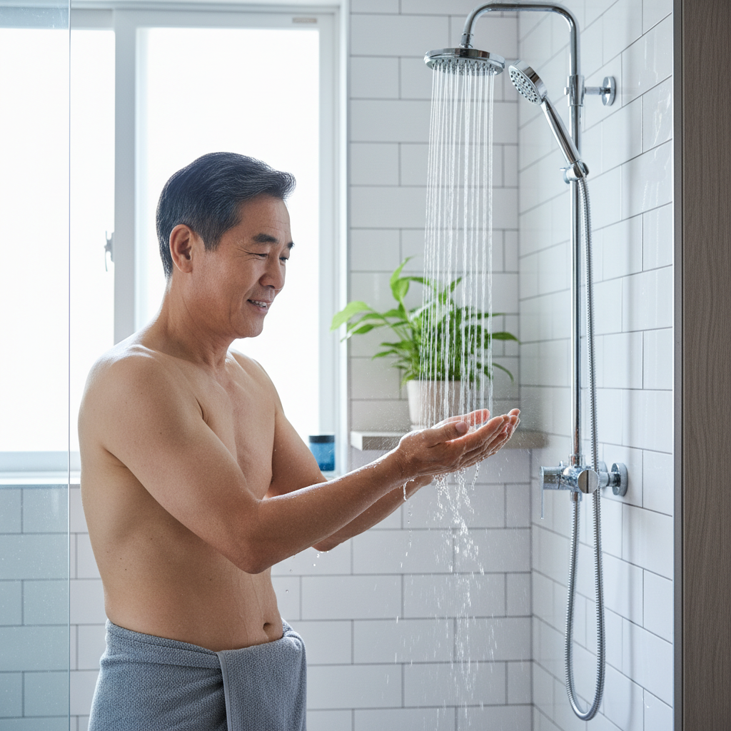 화장실 샤워기 앞에서 손으로 물 온도를 확인하는 70대 한국인 남성의 모습, 자연광이 들어오는 밝은 욕실 배경