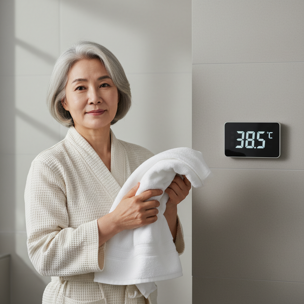 욕실 벽에 부착된 온도계와 샤워 타올을 들고 있는 한국인 60대 여성, 안정적이고 편안한 표정