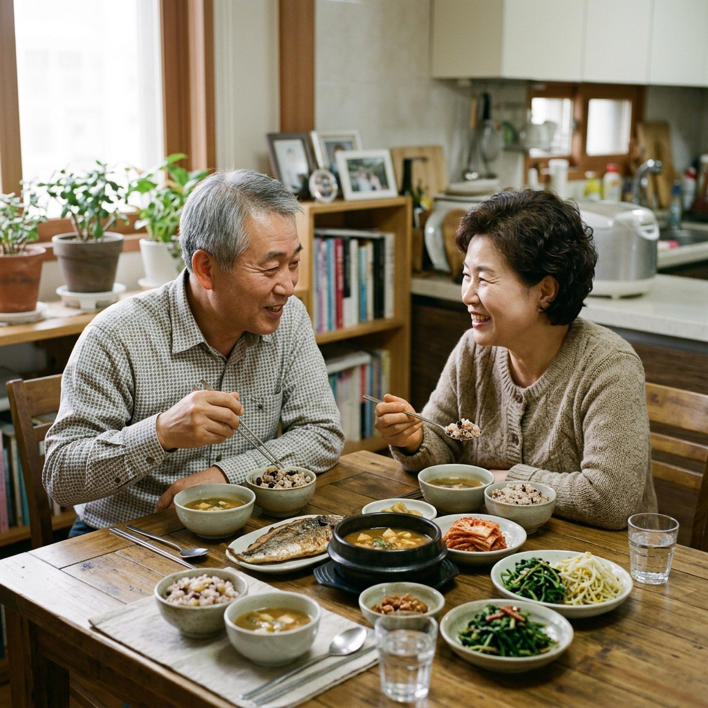60대 부부가 식탁에서 잡곡밥과 채소 반찬을 함께 먹는 모습