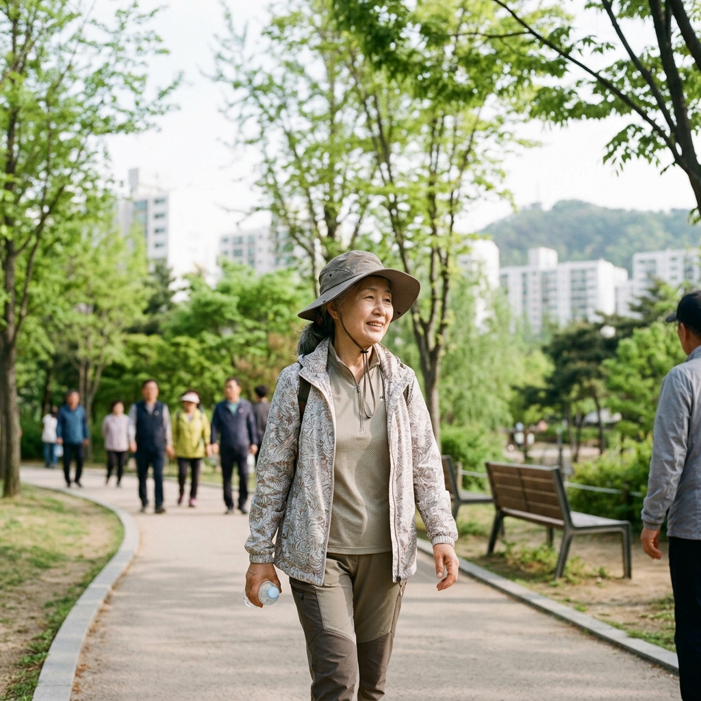 전체 둘레에 챙이 있는 모자를 착용한 한국인 시니어가 야외에서 활동하는 장면