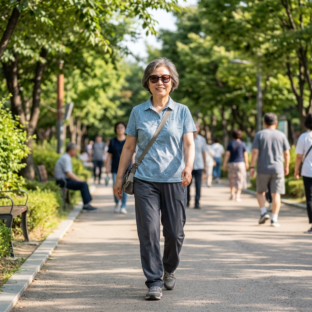 자외선 차단 표기가 있는 선글라스를 착용한 한국인 시니어가 햇빛 아래에서 걷는 모습