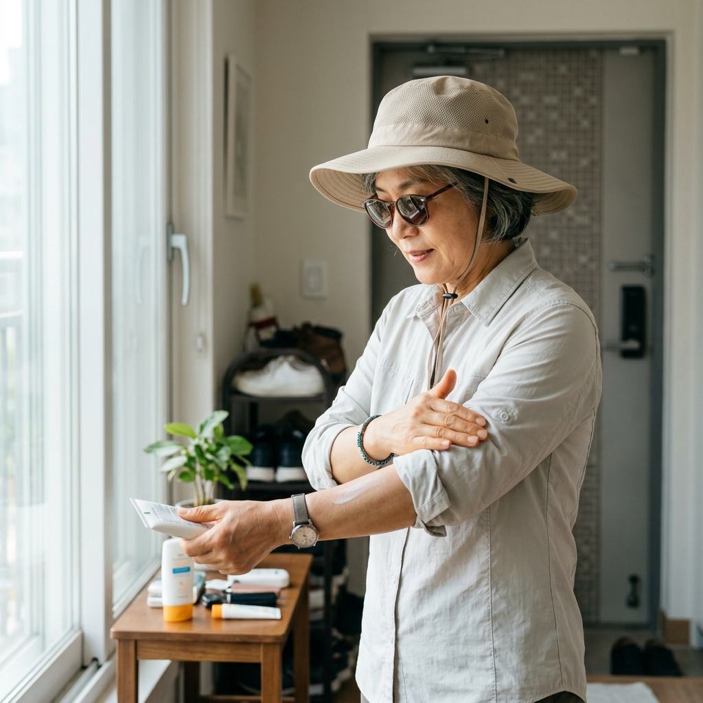 모자, 선글라스, 긴소매 옷을 착용하고 자외선차단제를 바르는 한국인 시니어의 외출 준비 모습