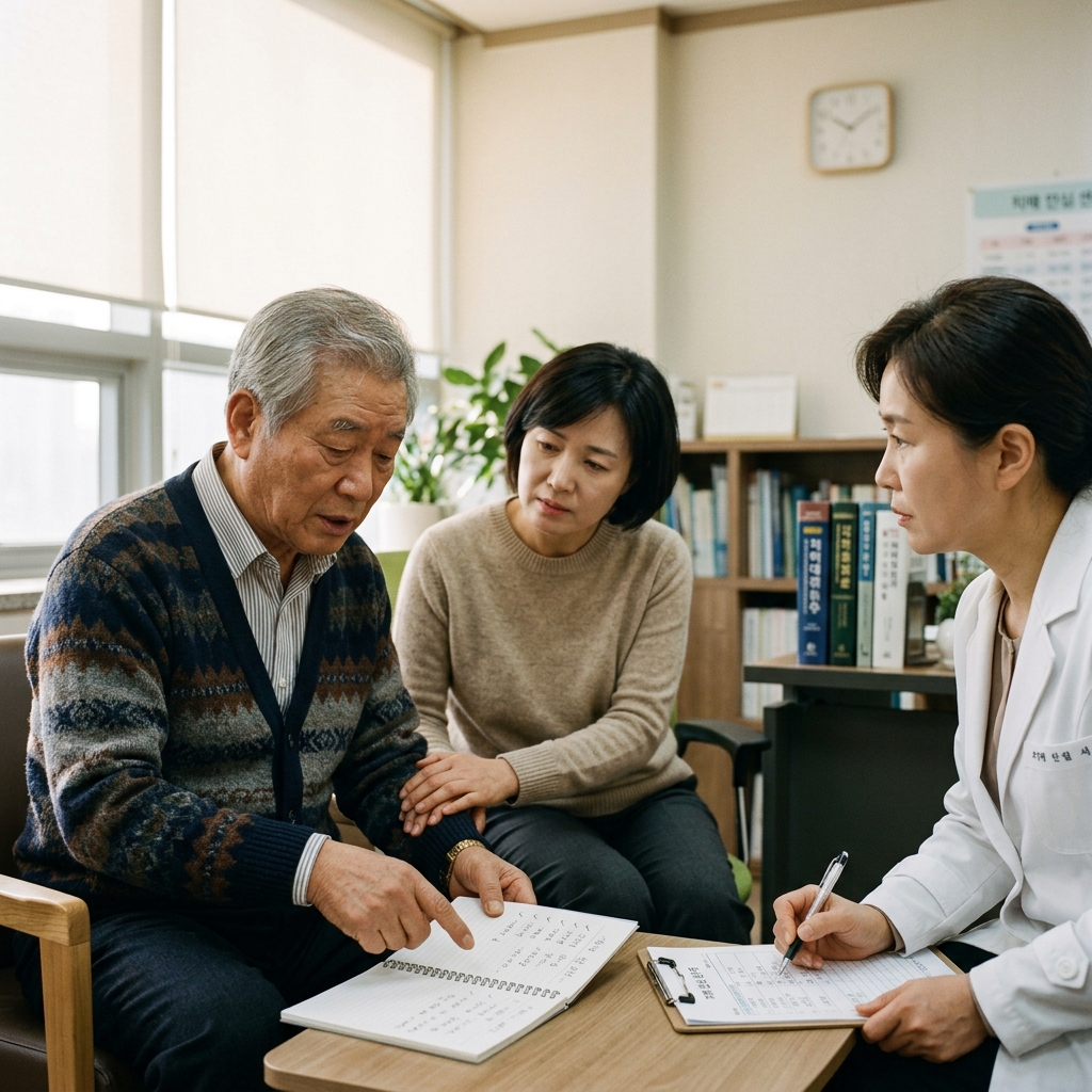 보호자와 함께 병원 상담실에서 기억력 변화를 정리하는 노년 남성