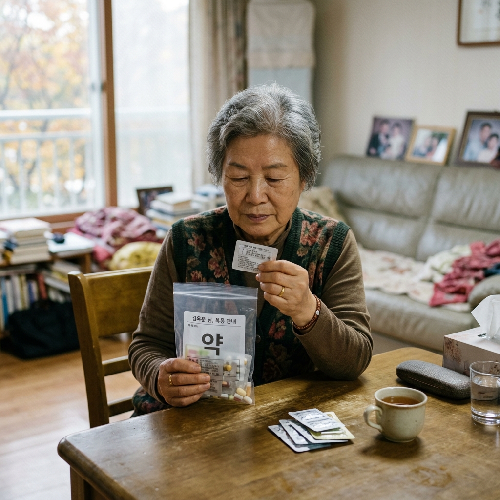 약 봉지를 손에 든 채 복용 여부를 확인하는 한국인 여성 노인
