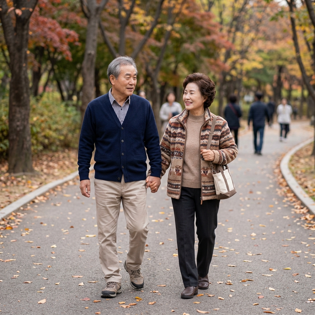 공원 산책로를 함께 걷는 한국인 노년 부부