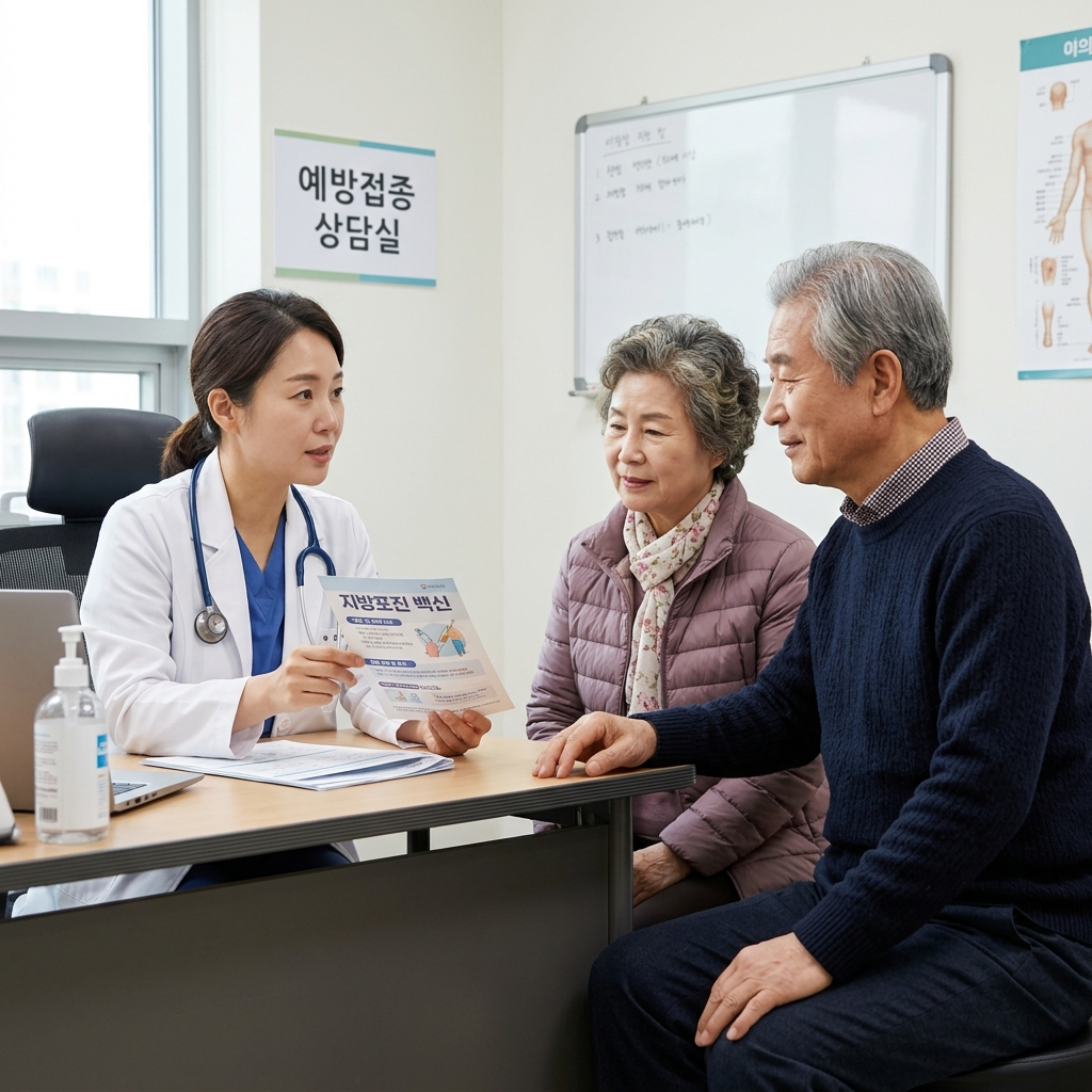의료진과 대상포진 백신 상담 중인 고령 부부