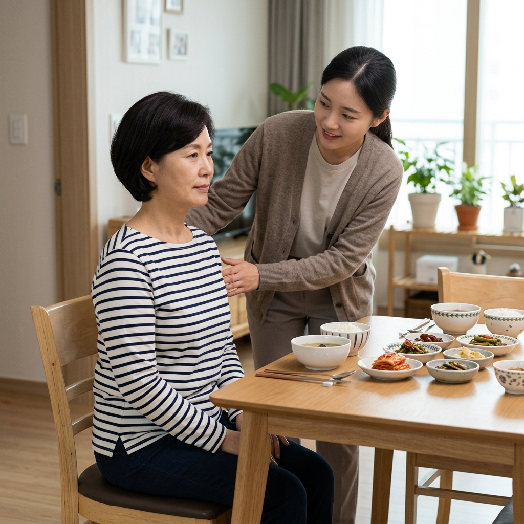 식탁 앞에 바른 자세로 앉아 식사 준비 중인 한국인 중년 여성과 보호자가 함께 자세를 확인하는 모습