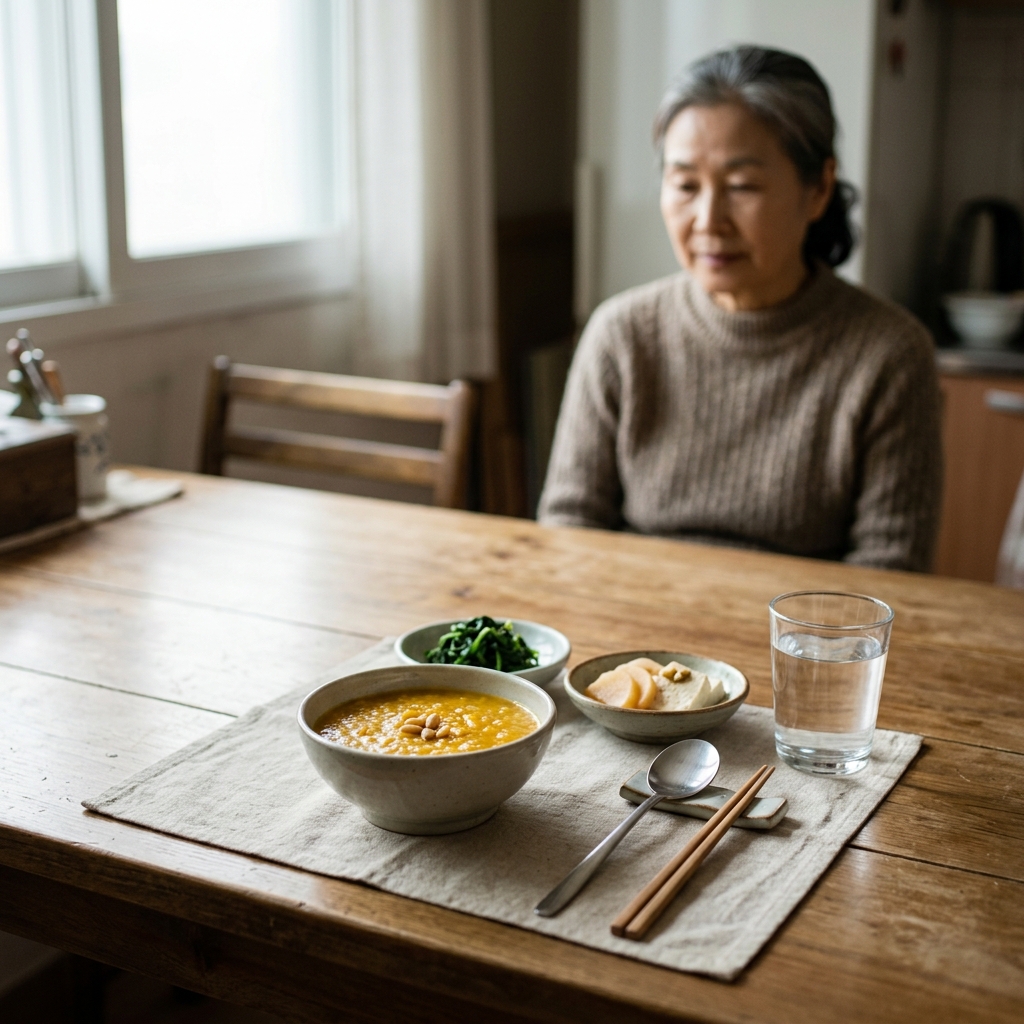 식탁 위에 놓인 부드러운 죽과 실온 물, 적절한 식기 구성