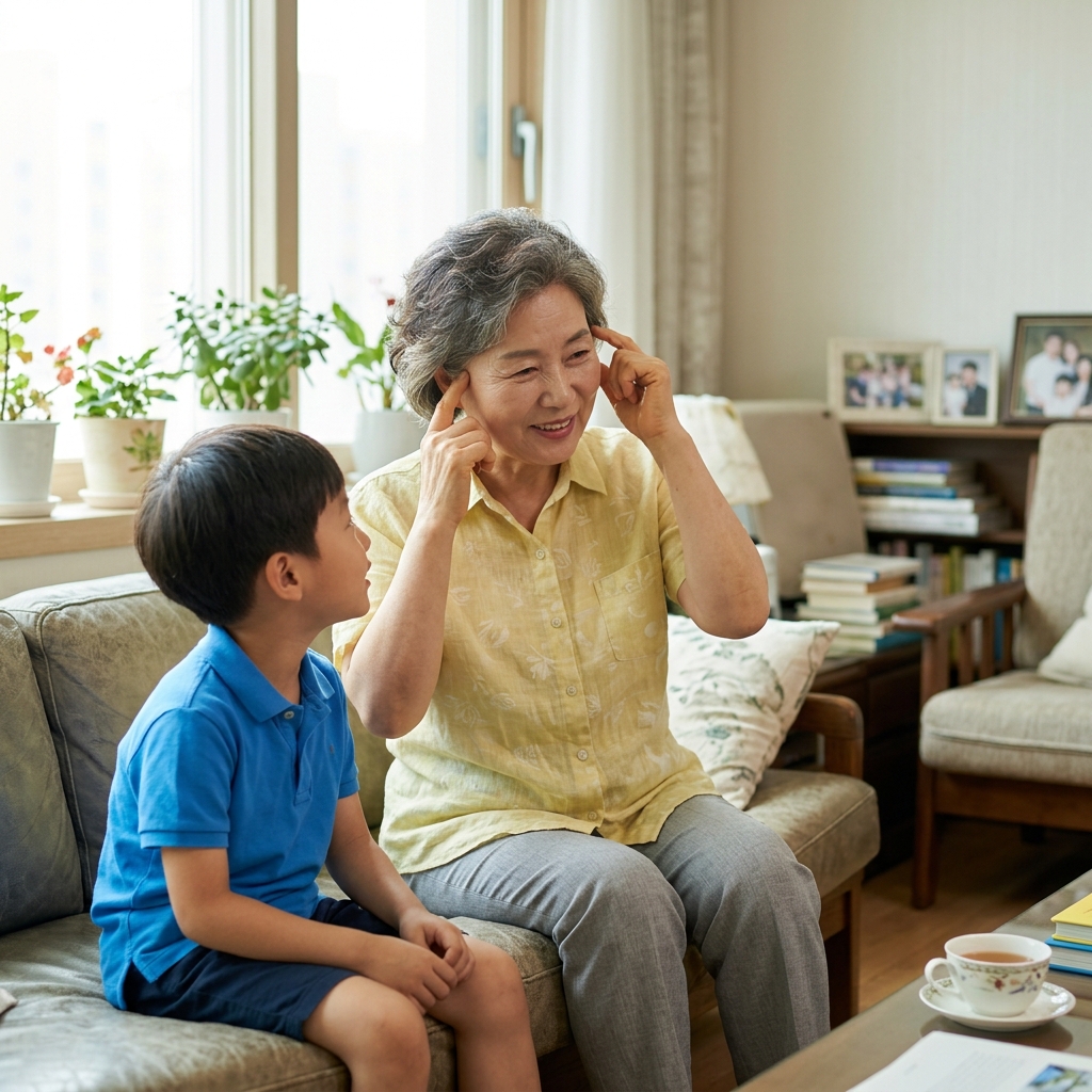 70대 어르신이 밝은 거실에서 손주와 대화하며 기억을 떠올리려 하는 모습, 밝은 셔츠 착용