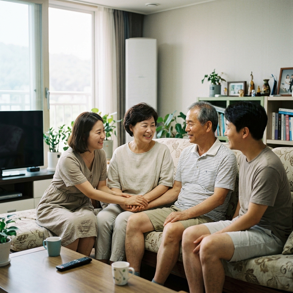 가족이 거실 소파에서 편안하게 대화하며 부모님 손을 잡아주는 장면, 밝은 여름 복장