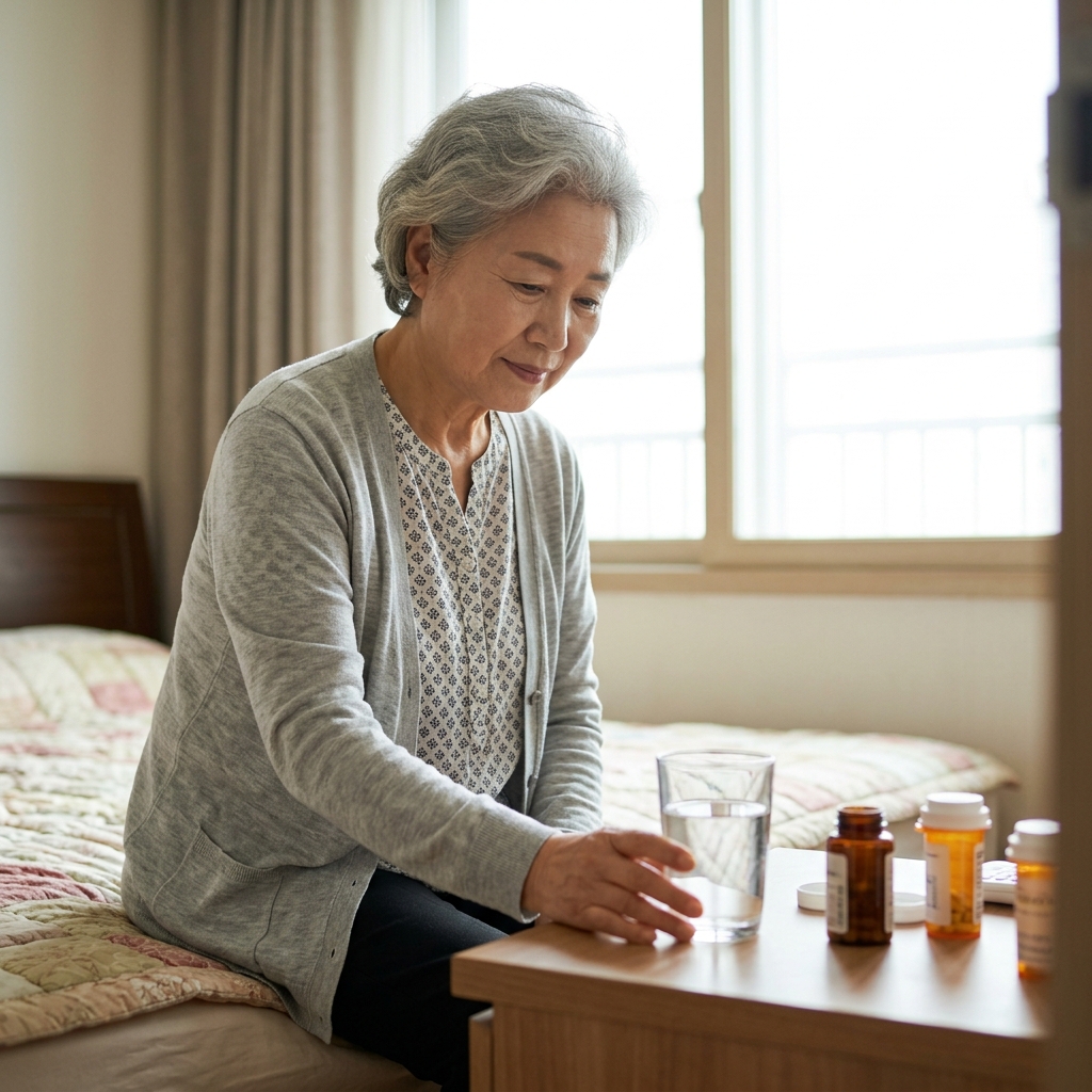 침대 옆 탁자에 놓인 약통과 물컵을 바라보는 한국인 70대 어르신, 얇은 카디건 착용, 실내 자연광