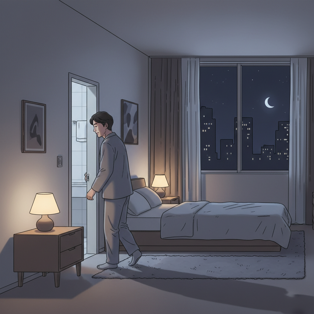 밤에 침대에서 일어나 화장실 가는 모습, 한국인 중년, 침실 조명, 자연스러운 표정, 실내 야간 장면