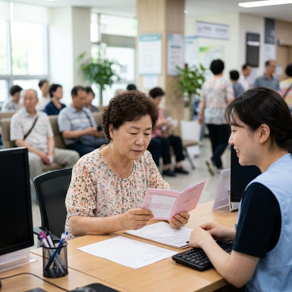 여름용 가벼운 셔츠 차림의 68세 한국인 여성이 보건소 창구에서 예방접종 수첩을 확인하는 장면