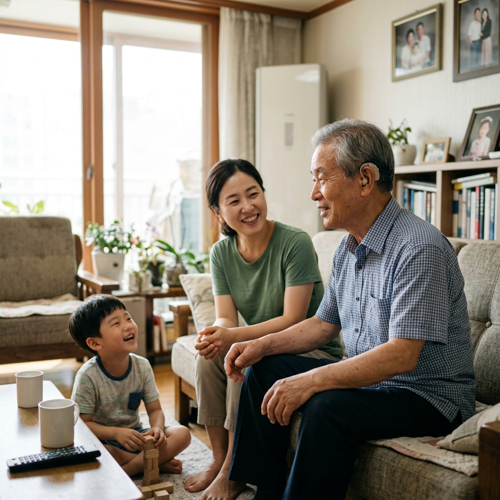 밝은 거실에서 보청기를 착용한 70대 어르신이 반팔 셔츠 차림으로 가족과 편안하게 대화하는 모습