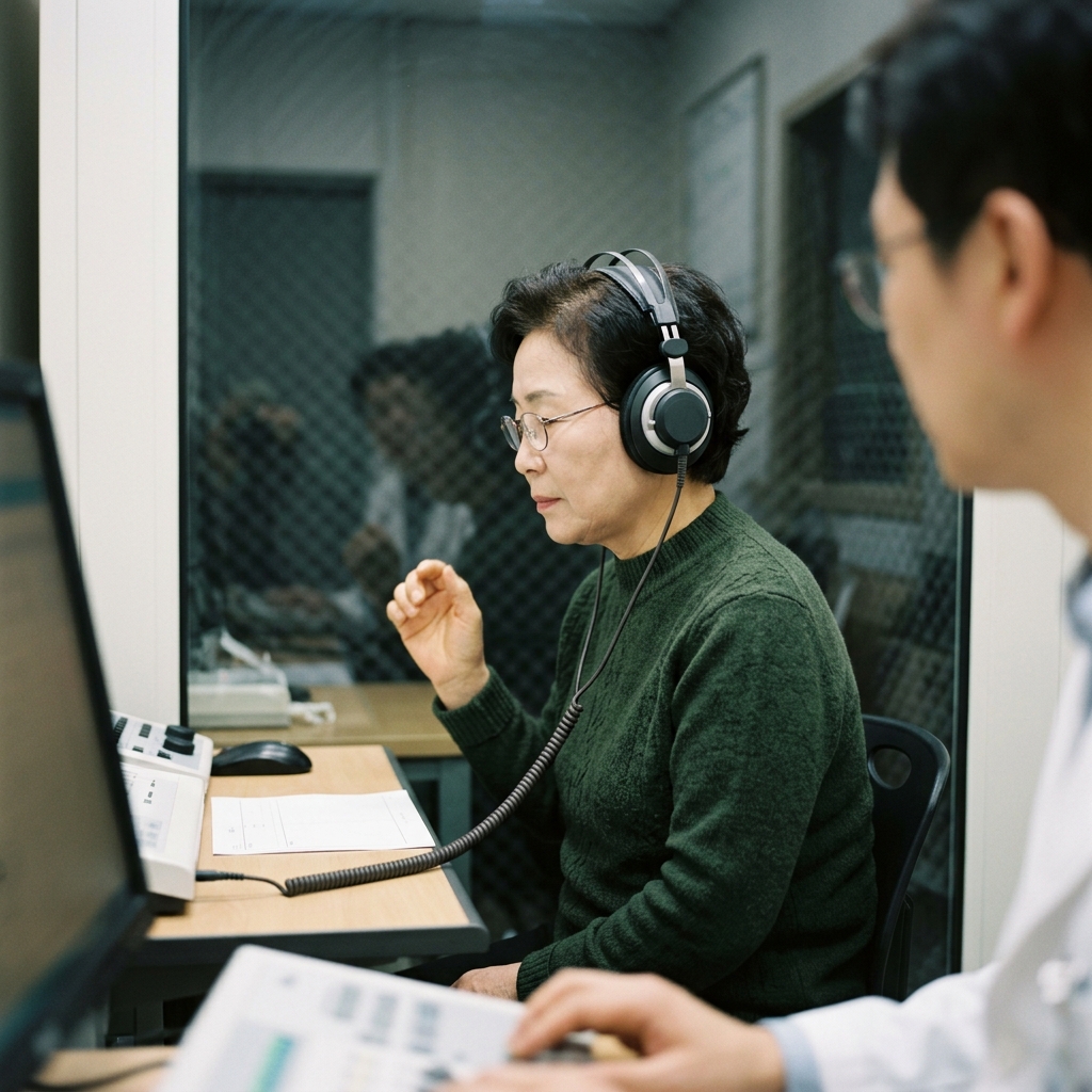 병원 청력검사실에서 헤드폰을 착용하고 청력 측정을 받는 70대 어르신의 옆모습