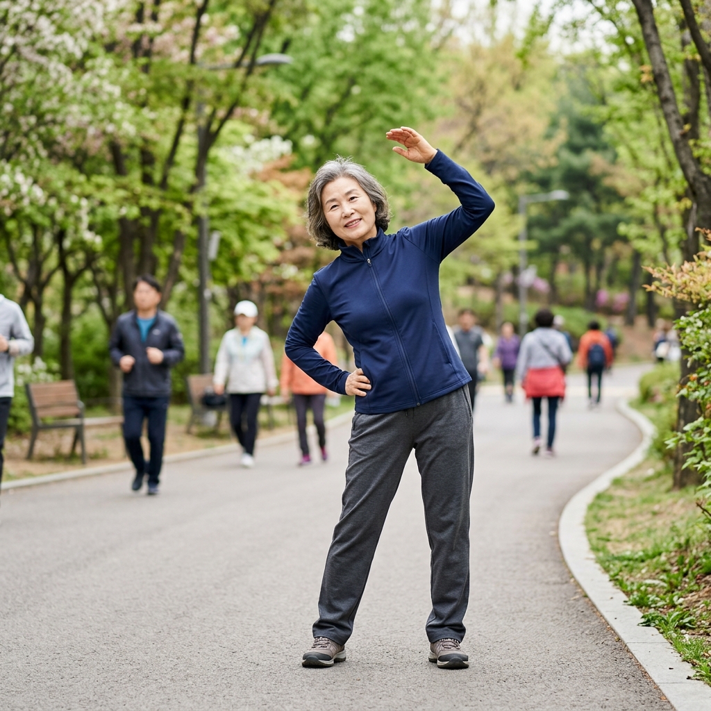 공원에서 편안한 복장으로 가벼운 준비운동을 하는 시니어의 모습
