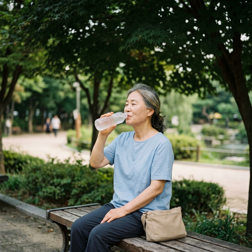 그늘 아래 벤치에서 물을 마시며 휴식 중인 한국인 시니어