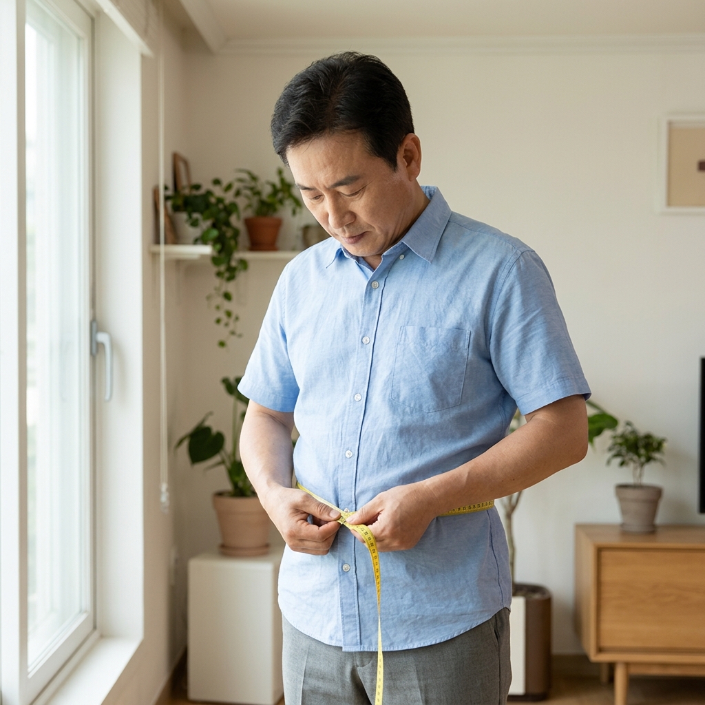 허리둘레를 줄자로 재는 4050 남성의 모습, 밝은 실내, 반팔 셔츠 착용