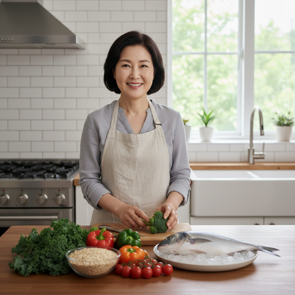 밝은 주방에서 신선한 채소와 통곡물, 생선이 담긴 식재료를 앞에 두고 만족스러운 표정으로 식사 준비를 하는 60대 한국인 여성