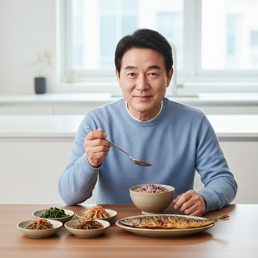 식탁에 앉아 잡곡밥과 생선구이, 나물 반찬이 담긴 정갈한 한 끼 식사를 앞에 두고 숟가락을 든 60대 한국인 남성의 모습