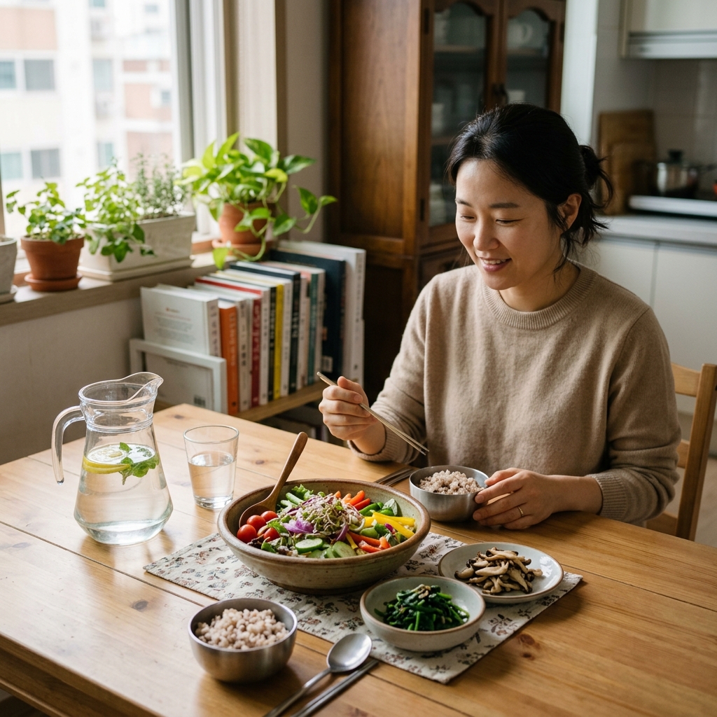 식탁 위에 놓인 물병과 유리컵, 채소 샐러드 그릇, 자연스러운 실내 조명, 한국인 가정 환경