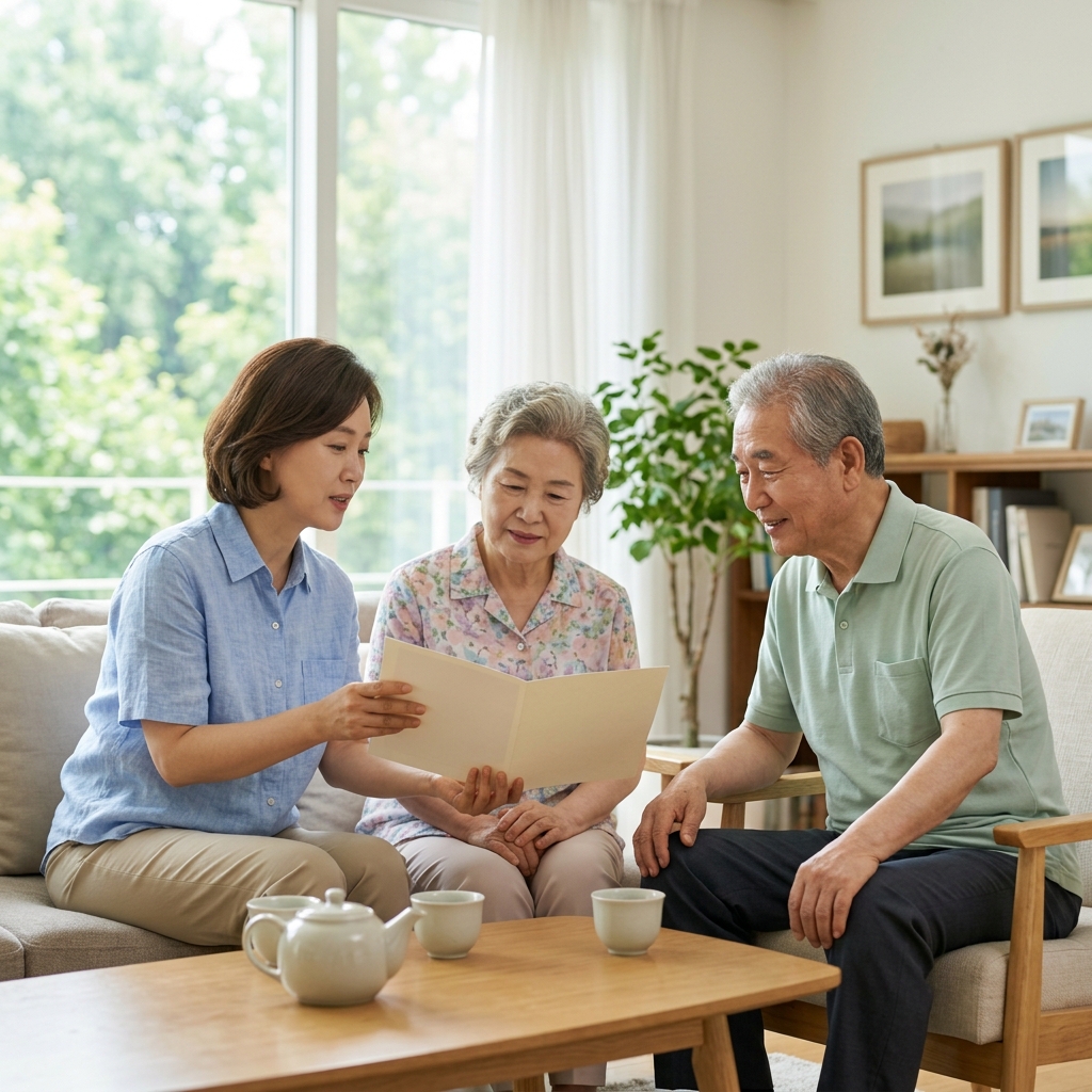 중년 성인이 노부모와 함께 밝은 거실에서 차분히 대화하며 건강 기록지를 살피는 모습, 여름용 밝은 색 셔츠 착용, 자연광